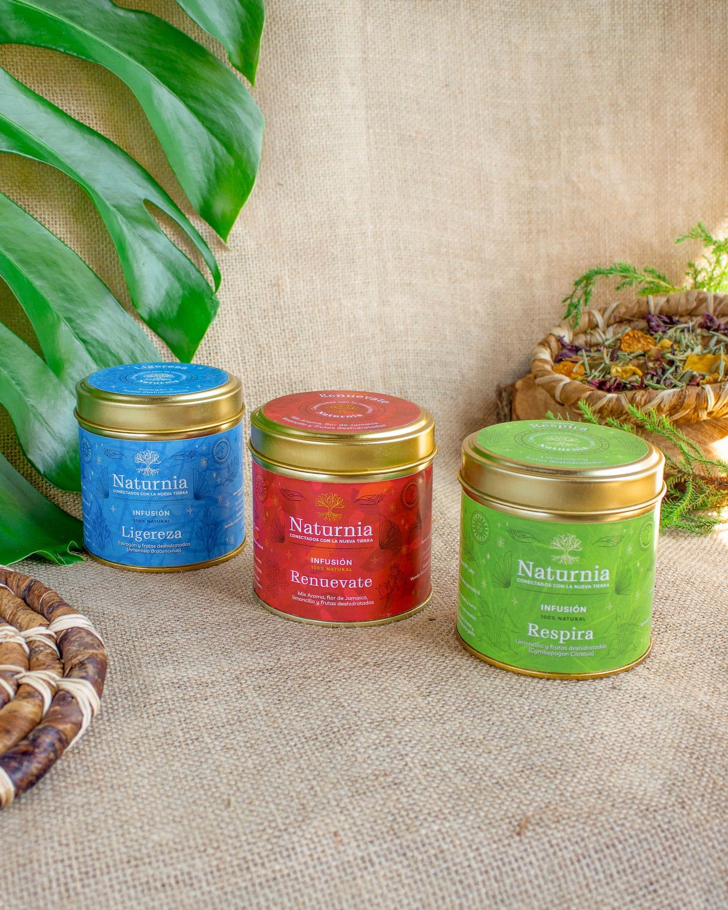 Plantas aromáticas libres de químicos, deshojadas a mano, deshidratadas en hornos solares artesanales con mezclas de frutas deshidratadas y especias.